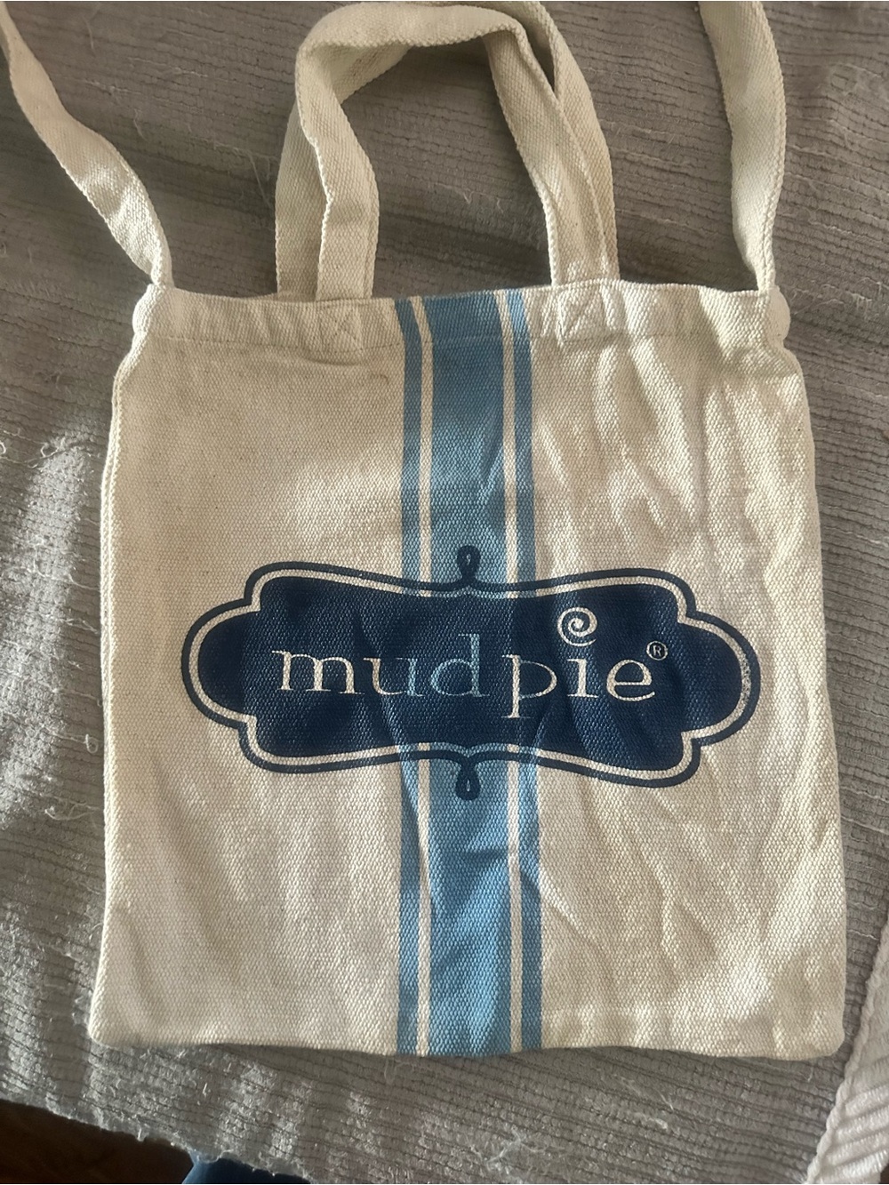 Mud Pie Cream Canvas Tote with Blue Logo and Center Stripe